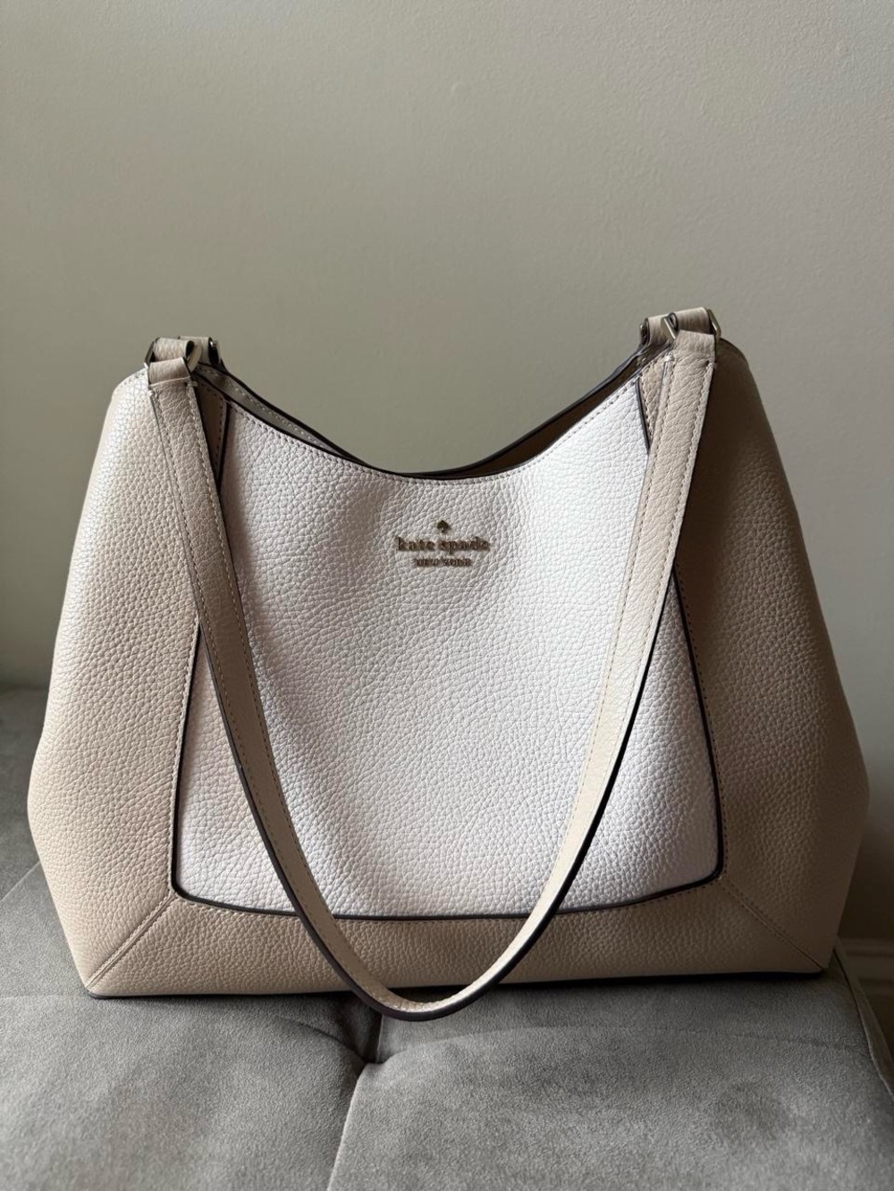 kate spade Two-Tone Pebble Leather Shoulder Hobo in Cream and Taupe